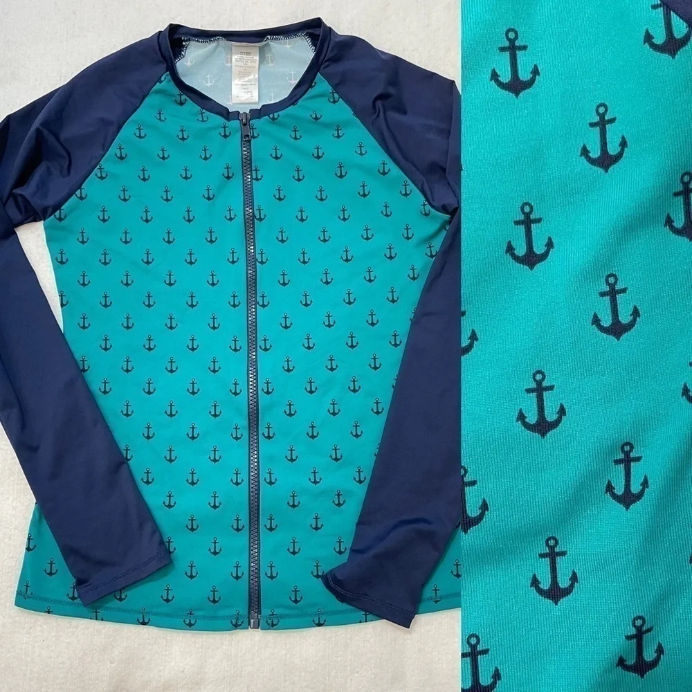 Tommy Bahama Navy & Teal full zip rash guard w/ anchors unisex see measurements